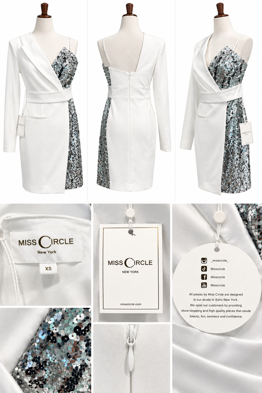 MISS CIRCLE SILVER NIGHT WHITE SEQUIN CREPE TUXEDO BLAZER MINI DRESS – XS – NWT